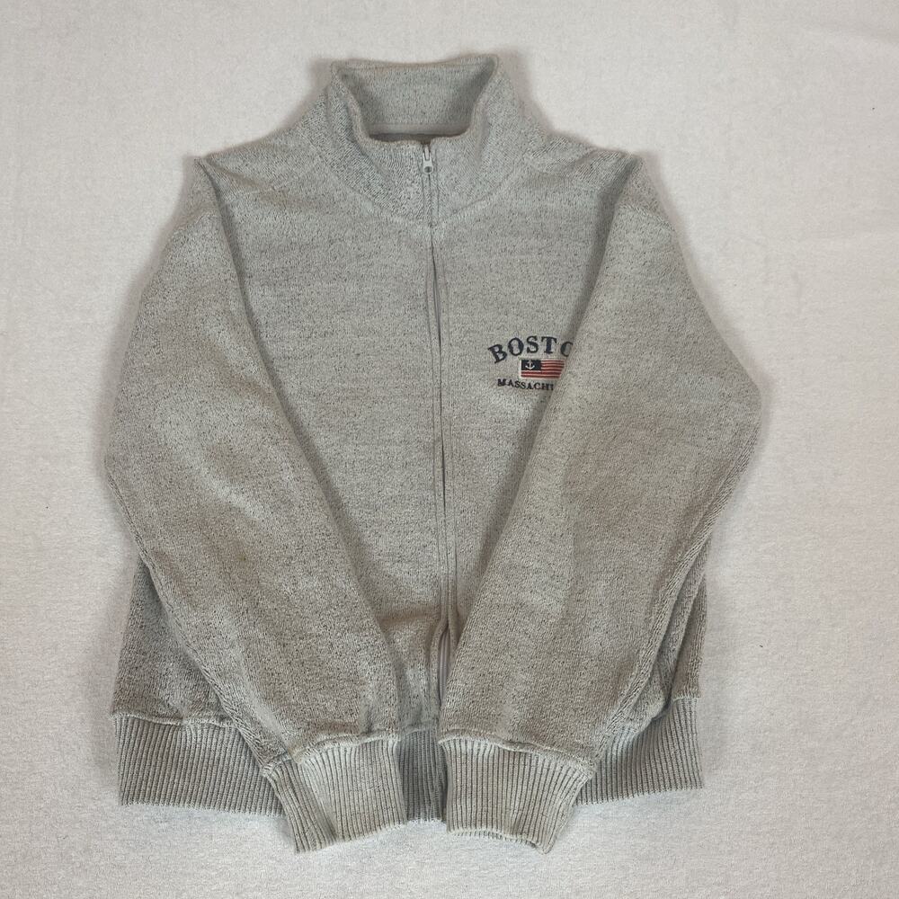 Boston Massachusetts American Flag Anchor Grey Full Zipper Mock Neck Jacket